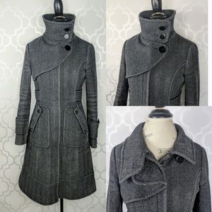 Soia &Kyo peacoat gray black tweed herringbone wool knee  full length coat large